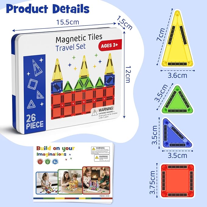 Mini Magnetic Tiles Travel Set, 26PCS Compact Magnetic Building Blocks for Kids Ages 4-8 & Toddlers 1-3