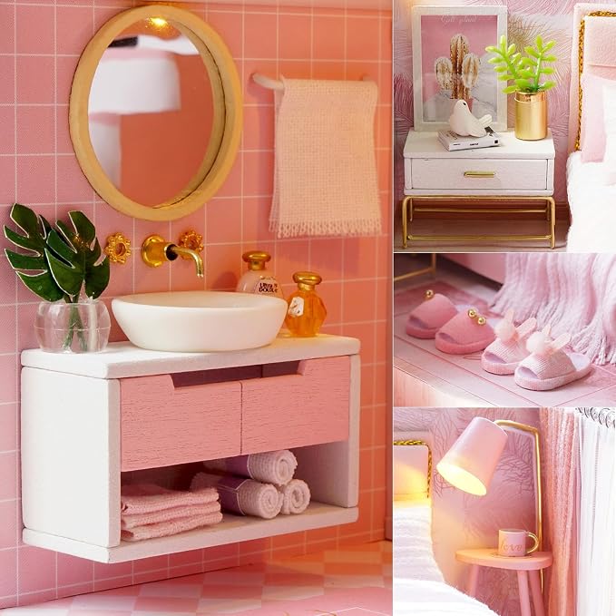 TuKIIE DIY Miniature Dollhouse Kit with Furniture, 1:24 Scale Creative Room Mini Wooden Doll House Accessories Plus Dust Proof & Music Movement for Kids Teens Adults(Meeting Your Sweet)