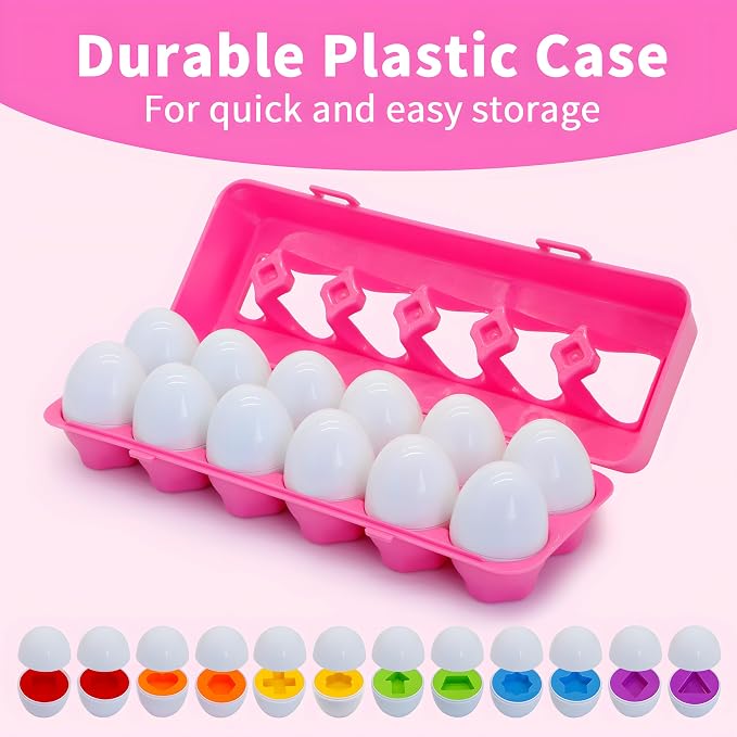 MOONTOY Montessori Matching Egg, 12PCS Color & Shape Recognition Toy for Toddler 1-3, Educational Learning Eggs Toy with Pink Storage Case, Easter Eggs Basket Stuffers Gift for 1 2 3 Year Old Girl Kid