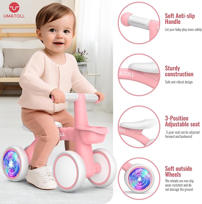 Umatoll Colorful Lighting Baby Balance Bike Toys for 1 Year Old Girl Gifts, Adjustable Seat, First Birthday Gifts, 12-24 Months Toddler Bike, Pink