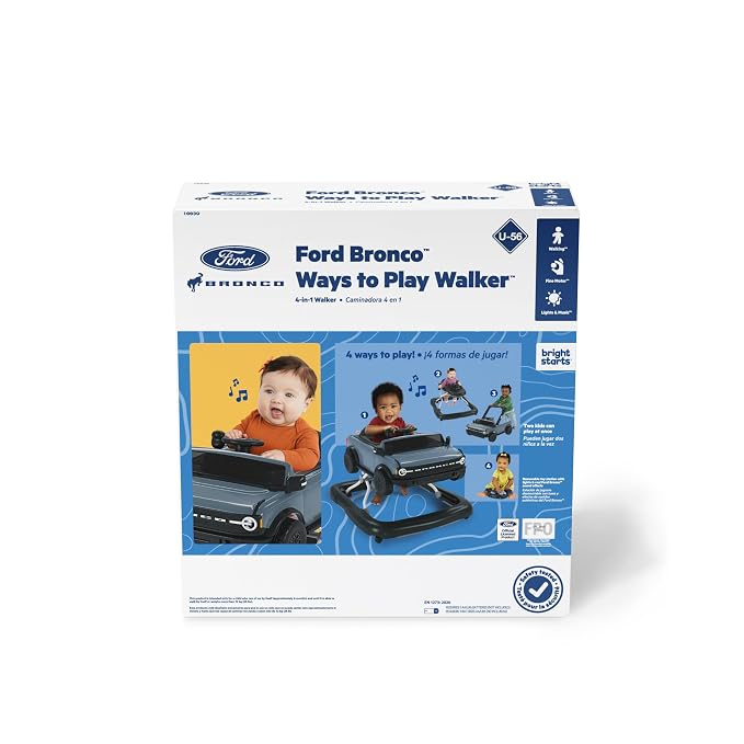 Bright Starts Ford Bronco 4-in-1 Blue Grey Baby Activity Center & Push Walker with Removable Interactive Steering Wheel -Toy, 6 Months and up