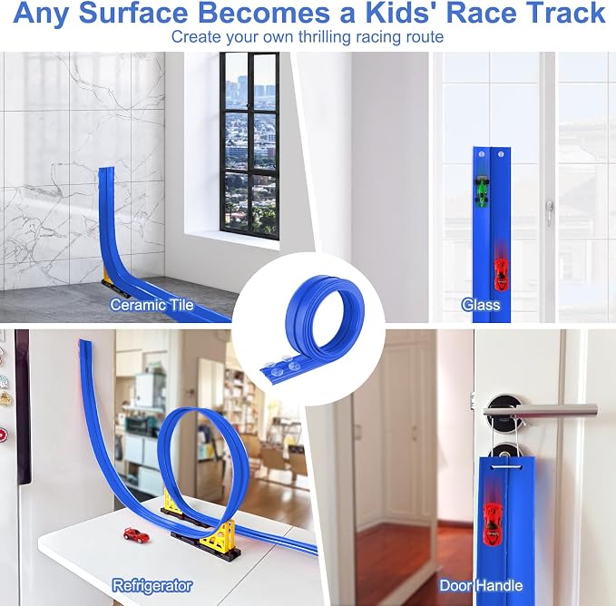 15 FT Flexible Toy Car Track with Suction Cups: DIY Roll-Up Racetrack Ramp for Window & Wall Surfaces, Compatible with 1/64 DieCast Vehicles, Screen for Boys Girls Ages 3-8