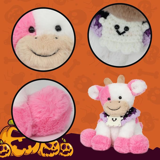 Hopearl Adorable Halloween Plush Cow Toy with Knitted Cute Ghost Bib Floppy Kawaii Dairy Cattle Soft Stuffed Animal Gifts for Boys Girls Kids Toddlers, Pink, 9''