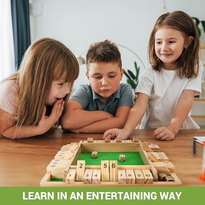 Ropoda Wooden Shut The Box Game (2-4 Players) - Large 4 Sided Board, 8 Dice, Rules - Amusing Addition Game for Kids & Adults, 12 Inch