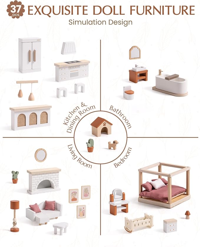ROBUD Doll House - Wooden Bohemian Dollhouse with Realistic Design, Includes 37 Pieces of Furniture & Accessories for Kids Ages 3+