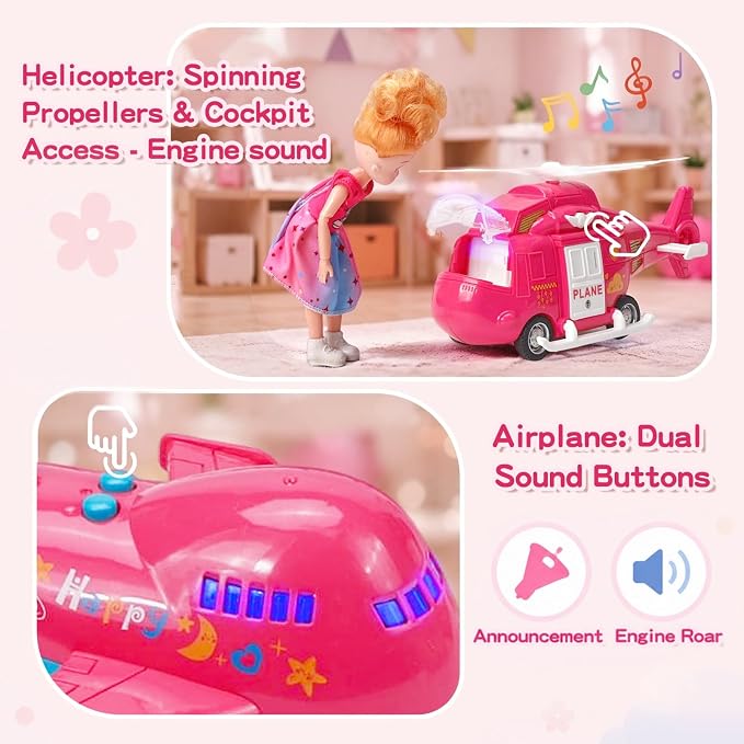 Pink Dream Travel Vehicles Playset Toys for Girls Age 3-6, Fashion Doll with Interactive Off-Road Car, Airplane, Boat & Helicopter, Lights & Sounds Pretend Play Beach Toys, Christmas & Birthday Gifts