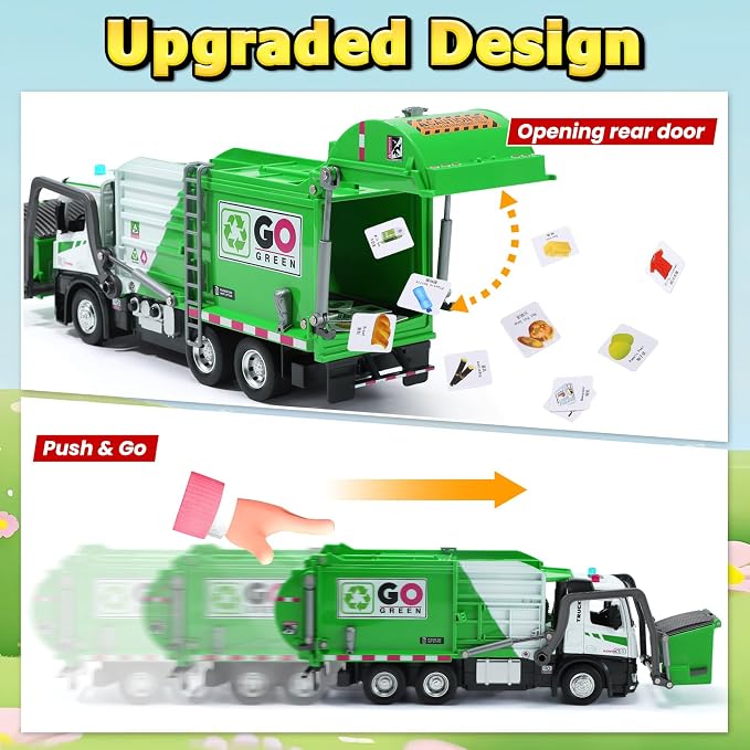 HOLYFUN 12'' Electric Garbage Truck Set with Front Loader/Metal Cab, Friction-Powered Recycling Vehicle with Dumpster, 4 Trash Bins & Sorting Cards, Trash Truck Toy with Lights/Sounds for Kids