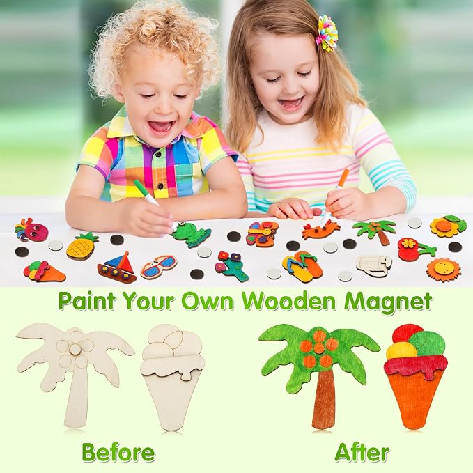 Worgree Summer Crafts for Kids, 36 Pcs DIY Wooden Magnets Art Craft Supplies Painting Kit for Boys Girls Ages 4-8 8-12 Birthday Party Gifts Summer Activities School Classroom Prizes