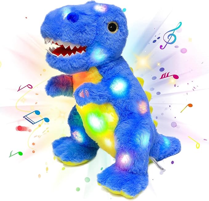 Light-up Singing Plush Blue Dinosaur LED Musical Stuffed Animal T-Rex Adjustable Volume Lullaby Plushies Birthday Christmas Toy Gifts for Kids Toddler Girls, 12"