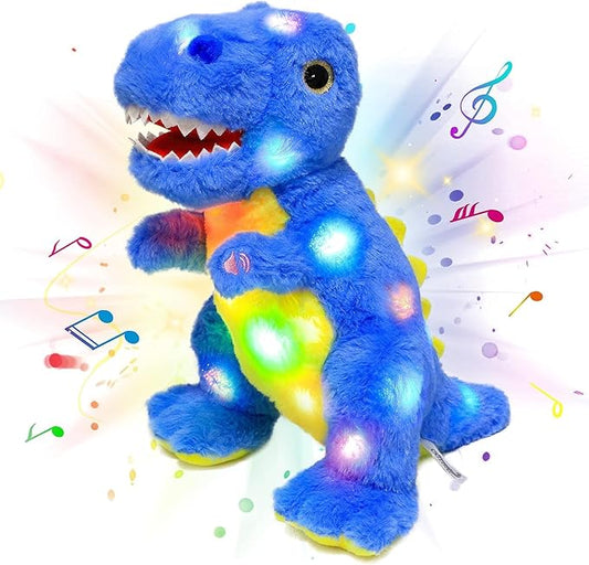 Light-up Singing Plush Blue Dinosaur LED Musical Stuffed Animal T-Rex Adjustable Volume Lullaby Plushies Birthday Christmas Toy Gifts for Kids Toddler Girls, 12"