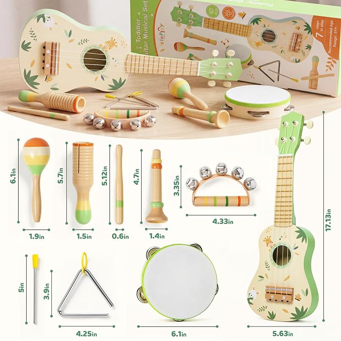 Toddler Guitar Set, 7-in-1 Wooden Baby Musical Instruments Band Includes 17" Ukulele, Maracas, Drum, Trumpet & More - Perfect Toy for Kids Ages 1-5, Ideal Gift for First Birthday Christmas