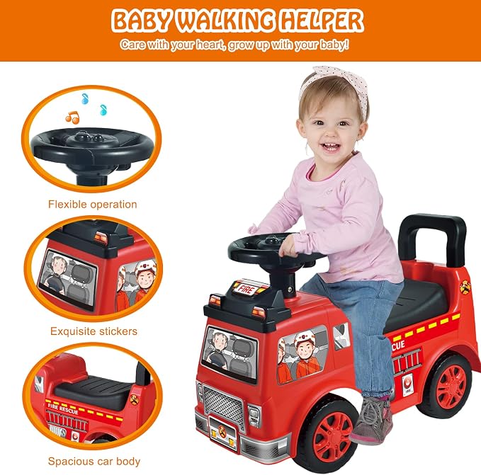 2026 Upgrade Toddler Ride On Toys with Under Seat Storage, Ride On Fire Truck with Music & Steering Wheel, Ride On Push Car for Toddlers 1-3 Years, Red
