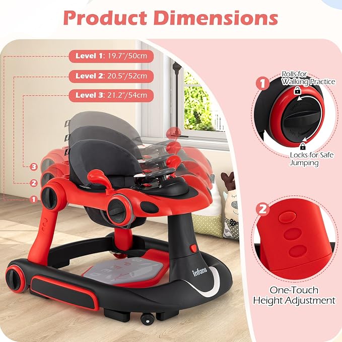 INFANS 6-in-1 Foldable Baby Walker, Converts Push Car to Bouncer, Rocker with Music, Lights, Adjustable Height & Speed, Activity Center, Canopy for 7-18 Months (Red)