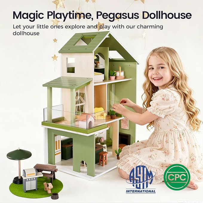 Tiny Land Wooden Doll House, Modern Family Dollhouse with Realistic Design, 7 Rooms Dollhouse with 49 PCS Accessories, Montessori Pretend Play Toddler Toy, Ideal Gift for Kids Ages 3+, Green
