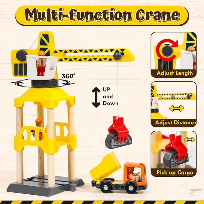 Lehoo Castle 68PCS Wooden Train Set - Toy Train Set for Toddlers 2-4, Wooden Train Track for Kids w/Crane, Railway Playset for 3 Year Old Boys Girls Birthday Gift