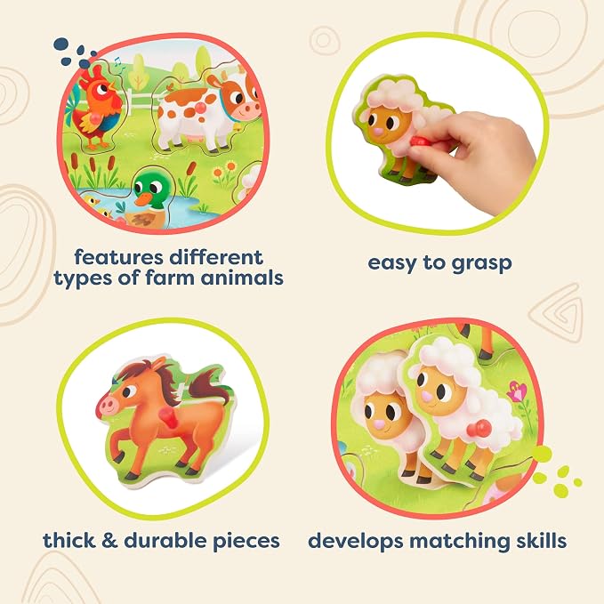 B. toys – Peek & Explore – Farm Animals – Wooden Peg Puzzle – Toddler Puzzle with 8 Animal Pieces – Cow, Horse, Sheep & More – 2+ Years