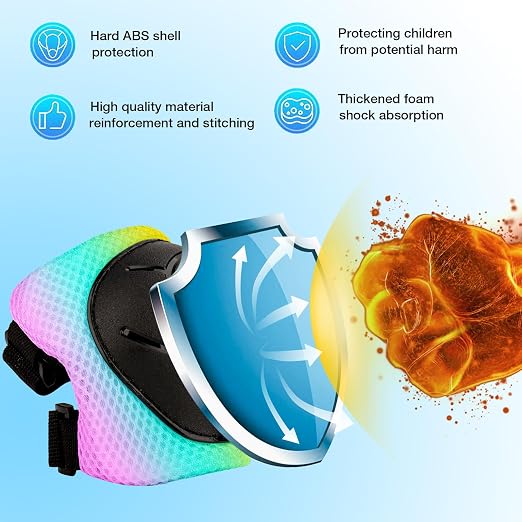 Kids Protective Gear Set - Knee Pads Elbow Pads with Wrist Guards for Ages 3-12 | 3-in-1 Safety Protective Gear for Skating, Cycling, Biking, Roller Skates, Scooters (Yellow blue pink, ‎M(8-12Years))