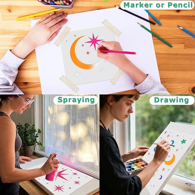 18 PCS Large Star Stencil for Painting Reusable Paint Stencils for Walls Twinkle Star Wall Drawing Stencils for Painting on Wood Craft Canvas Fabric Home Decoration