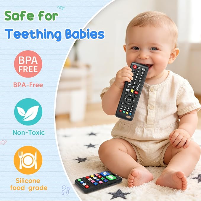 2 Pack Baby Teething Toys for 3-6 6-18 Months, Silicone Phone & TV Remote Control Shape Teether Toys, Teething Relief Sensory Chew Toys, Baby Shower Gifts for Infant Boys Girls 6-12 Months