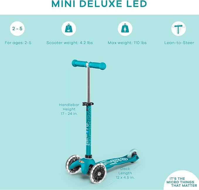 Micro Kickboard | Mini LED Kids Scooter for Ages 2-5 | Children up to 110 lbs | 3 Wheel Lean-to-Steer Design | Adjustable T Bar | Smooth Ride, Motion Activated PU LED Wheels | Swiss Design