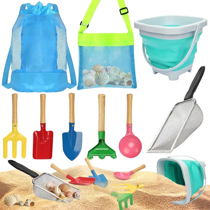 Mototo 9 PCS Collapsible Sand Toys, Kids Beach Sand Toy Sifter Set Shark Tooth Sifter Beach Mesh Shovel with Shell Bags Collapsible Bucket Kids Garden Tools for Shells Sandbox Collecting Shark Tooth