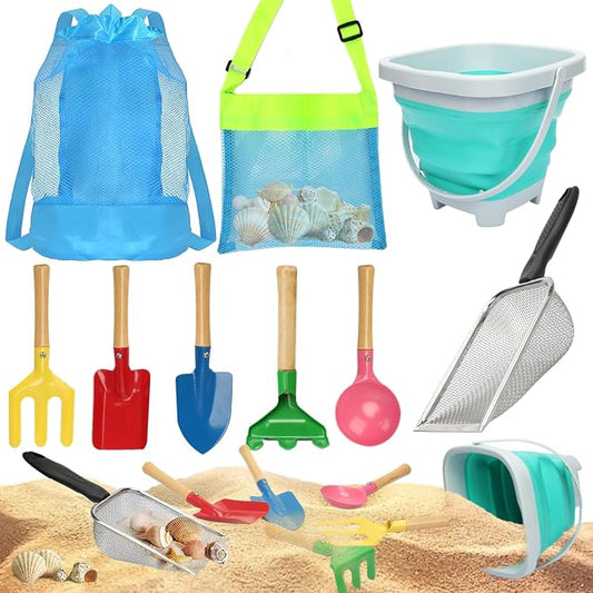 Mototo 9 PCS Collapsible Sand Toys, Kids Beach Sand Toy Sifter Set Shark Tooth Sifter Beach Mesh Shovel with Shell Bags Collapsible Bucket Kids Garden Tools for Shells Sandbox Collecting Shark Tooth