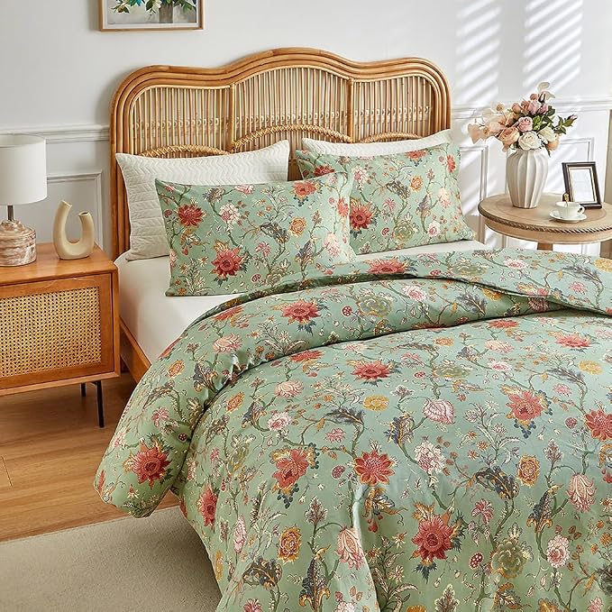 LifeTB Farmhouse Floral Comforter Full Comforter Set Botanical Flowers Vines Pattern on Green Floral Bedding Comforter Set Fluffy Soft Microfiber Aesthetic Bedding Botanical Comforter for All Seasons