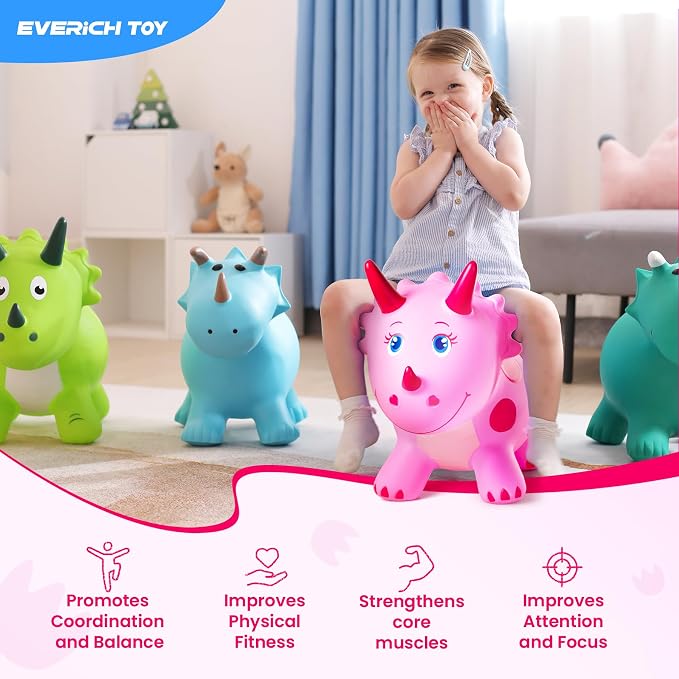 Dinosaur Bouncy Animal Toys, Pink Triceratops Bouncer, Ride on Bounce Hopper for Kids 2-5 Indoor Outdoor Activity Birthday for 18 Months 2 3 4 Years Old Boys