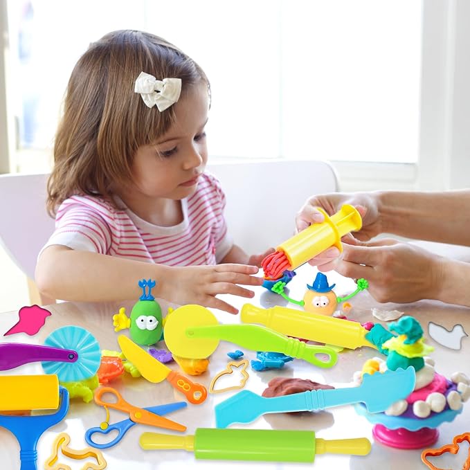 LCY WEDSHI Dough Tool Set, 32 Pcs Dough Tools Sets for Kids Ages 4-8, Dough Accessories Includes Animal Molds, Cutters Roller, Rolling Pins, Safety Scissors, Plastic Knife