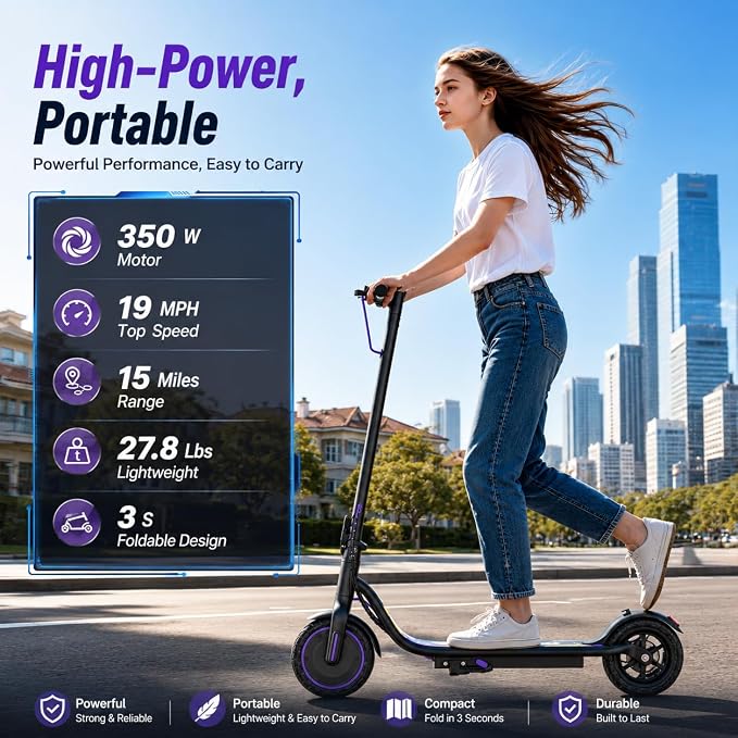 Electric Scooter for Adults, Teens & Big Kids, 350W-500W Motor, 10Mph-21 MPH & 10-28 Miles Max Range, 6.5 to 10 inch Tires, Portable Lightweight E-Scooter
