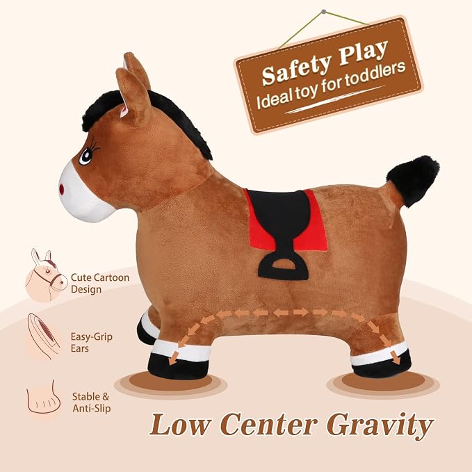 INPANY Bouncy Horse Hopper for Toddlers - Hopping/Bouncing Horse, Inflatable Ride-on Animal Toy for Kids/Children - Plush Covered (Includes Pump)