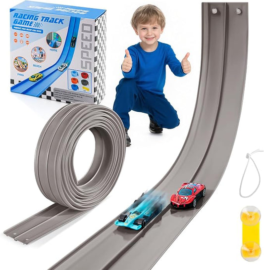 Flexible Race Track for Kids - 15 Ft Flex Track Race Car Tracks with Car Ramp Toy, Fit for Monster Truck Track & Kids' Play Cars, Race Tracks for Toddlers 3+, Gifts for Boys Girls (Gray)