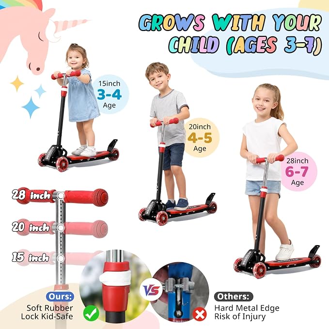 3 Wheel Kids Kick Scooter for Ages 3-12, Lean-to-Steer, Light-Up Wheels, 3-Level Adjustable Handlebar 27.5”-33”, Wide Non-Slip Deck, Dual Rear Brake,Travel Foldable, for Boys & Girls Toy Gifts