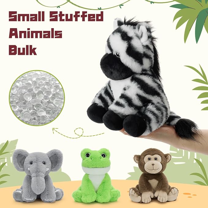 MaoGoLan 4Pcs Small Stuffed Animals Bulk, Safari Jungle Animal Plush Toys Set - Elephant Monkey Zebra Frog, Soft 8" Zoo Stuffed Animals for Kids, Birthday Party Favors Classroom Rewards