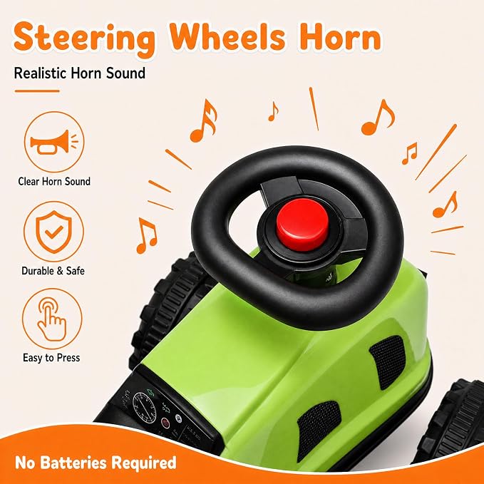 Kids Ride on Tractor, 2 in 1 Foot to Floor Push Car w/Detachable Trailer, Horn, Rake & Shovel, No Power Sliding Toy Gift for Toddlers, Outdoor Ride on Construction Vehicle (Green)