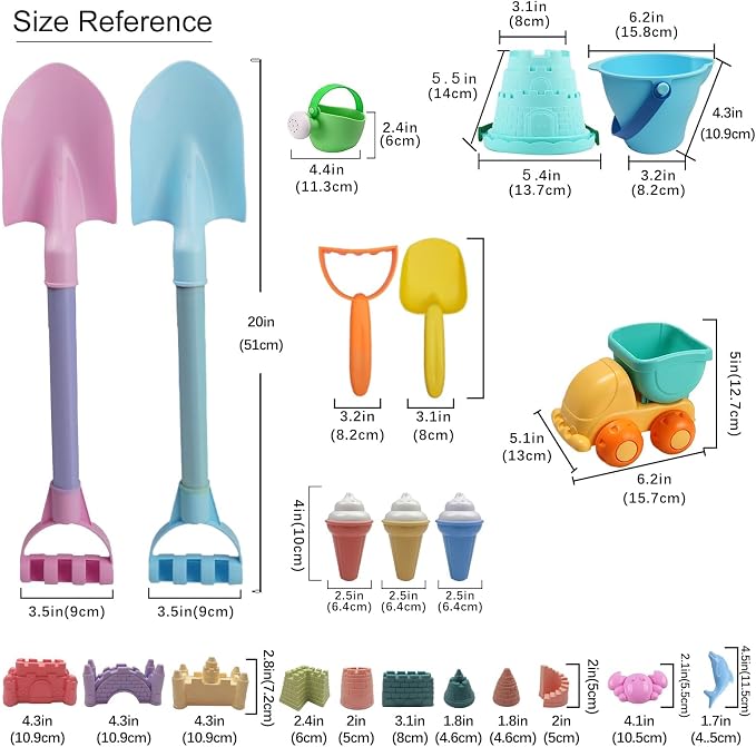 IOKUKI Long Shovels Sand Toys Set with Mesh Bag Including Dump Truck, Beach Buckets, Shovels, Rakes, Molds, Outdoor Beach Toy Tool Kit for Kids, Toddlers, Boys 1and Girls (15 PCS) Age 3+