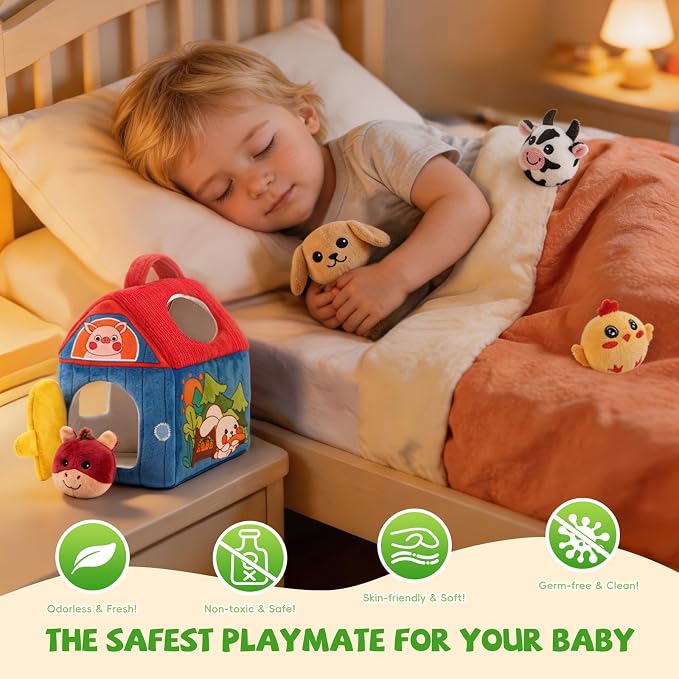 SAIMAND Baby Toys 6-12 Months, Barn with Stuffed Farm Animals, Montessori Toy for Babies, Sensory Toys for Toddlers 1-3, Portable Baby Farmhouse Toy, Birthday Gift for Infants & Toddlers