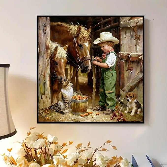 Paint by Numbers for Adults and Kids Beginner Vintage Cowboy Boy Horses, Cat, Puppy Painting by Number Kits On Canvas Number Artist Paint by Number Kit Oil Painting Acrylic Paints Home Wall Decor Gift