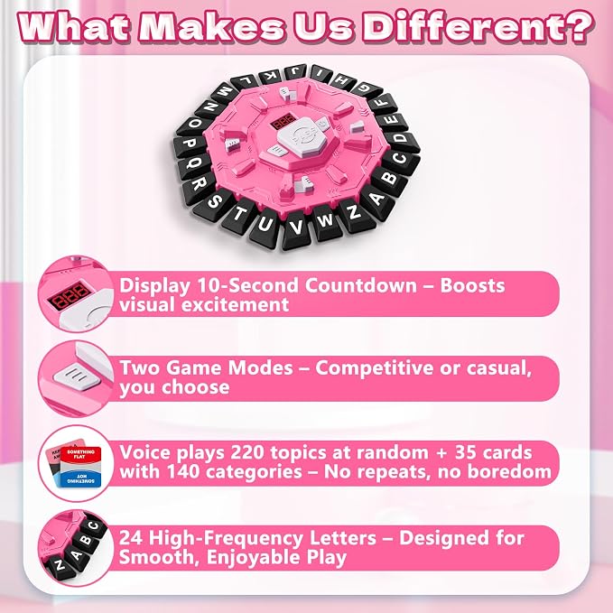 Resflycheng Word Game Family Board Game with Digital Display Timer, 2 Modes, 35 Double-Sided Cards, Fun Fast-Paced 24-Letter Game for Learning Party Interactive, 2+ Players, Ages 3 & Up (Pink)