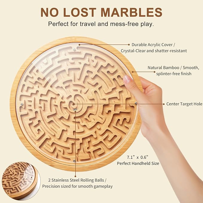 Round Wooden Labyrinth Board Game, Bamboo Handheld Maze with Acrylic Cover & 2 Metal Game Pieces, Educational Brain Teaser Puzzle Logic Game for Kids, Adults, Boys and Girls, Stress Relief Toy
