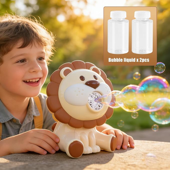 Lion Automatic Bubble Machine for Toddler Kid Toy 1 2 3 4 5 6 7 8 1yr Year Old Little Girl Boy Gift Lawn Mower Maker Blower Summer Outdoor Push Toys Rechargeable Easter Christmas Birthday Present