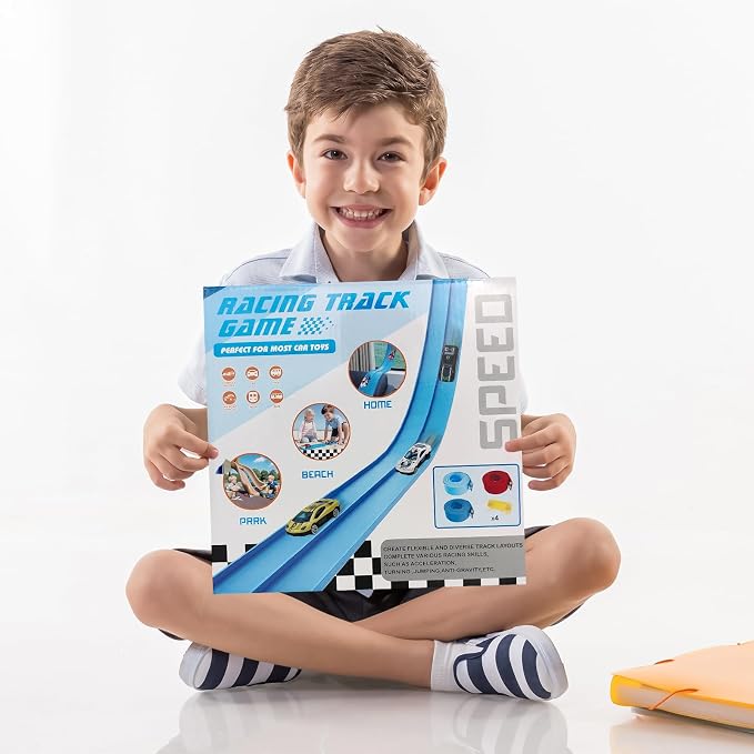 Flex Track Race Set for Kids, 15FT Starter Set Car Track with 4 Suction Cups and 6 Diecast 1/64th Cars - STEM Racing Toy for Boys & Girls Ages 3+ (Upgrade Orange) (Grey)