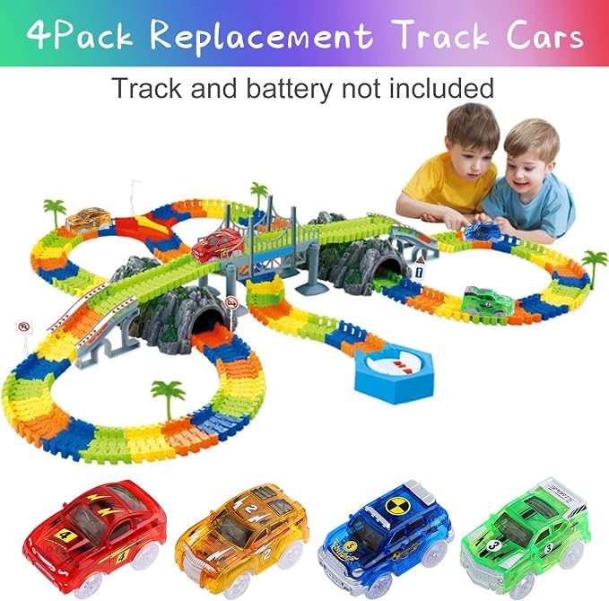 Track Cars Magic Toy Gifts 4 Pack Replacement Track Cars for 3 4 5 6 7 8 Years Old Kids Boys Girls Toy Track Cars with 5 LED Lights Glow in The Dark Compatible with Most Tracks