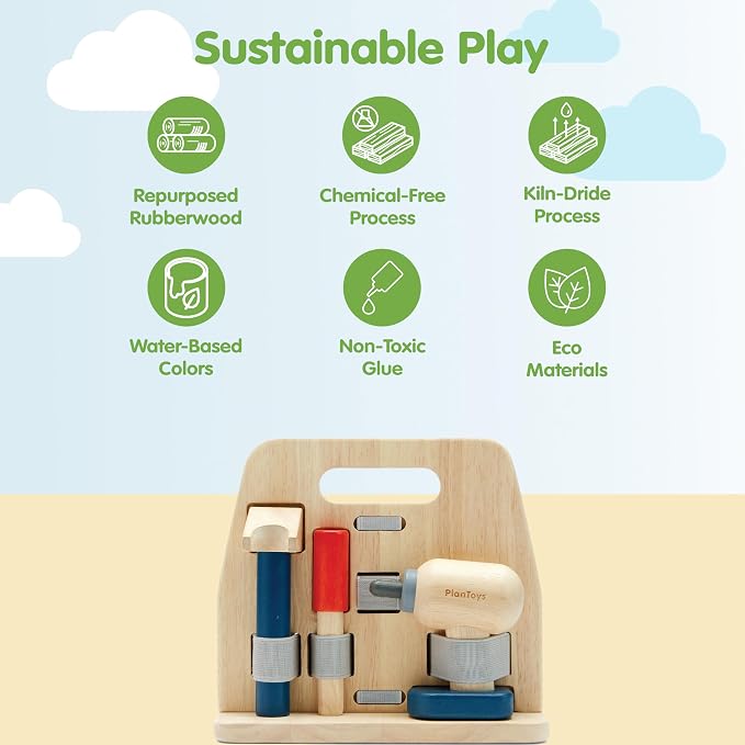 PlanToys® Wooden Handy Carpenter Set for Montessori Inspired Practical Life Play | Fine Motor, Construction and Imaginative Skill Building | Eco Friendly Tool Set for Creative Hands On Learning