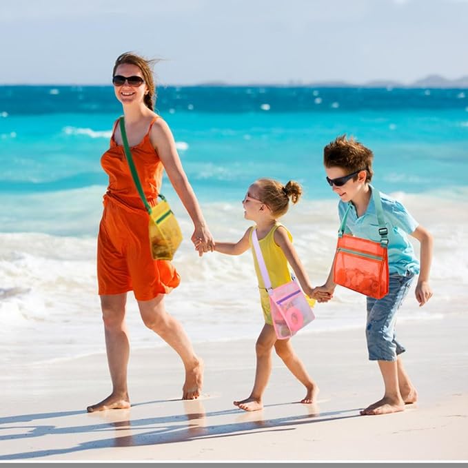 MUYIZI Mesh Beach Bag for Shells Collecting 4 Pack,Shell Bags for Beach,Sea Shell Bags for Picking Up Shells,Beach Shell Bag for Kids, Beach Toys Sand Toys Swimming Accessories for Boys and Girls