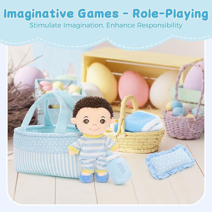 MaoGoLan 6Pcs Blue Baby Doll Set, 11'' Baby Doll Accessories, Soft Plush Doll with Portable Bassinet, Blanket, Bottle & Clothes, Pretend Play Set, Ideal Valentine Christmas Birthday Gift for Boys