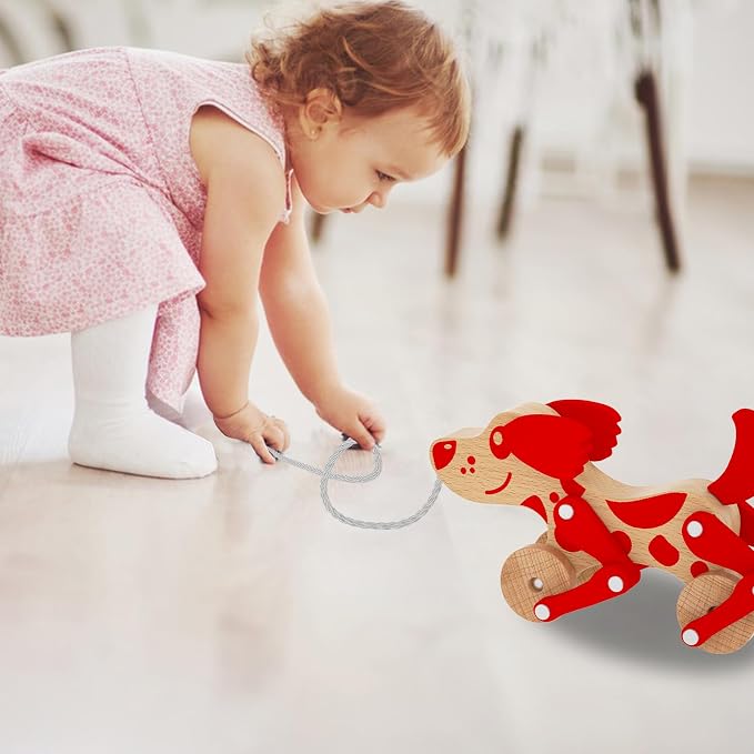 Montessori Toys 1 2 3 4 Years Old Boys Girls Wooden Walking Pull Dog Toy for Baby Toddler, Pull Along Walking Toys, Walk Along Puppy Pull, Wooden Pull & Push Toy (Red)