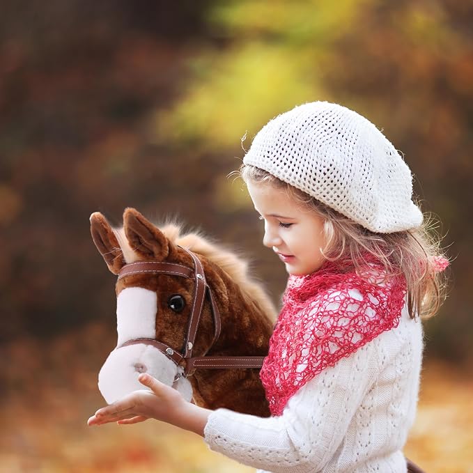 Linzy Toys 35.5" Plush Stick Horse - Funny Hobby Horse with Pony Sound, Soft Realistic Mane & Durable Leather Reins, Pretend Play Riding Toy for Boys & Girls Ages 3+ (Brown)