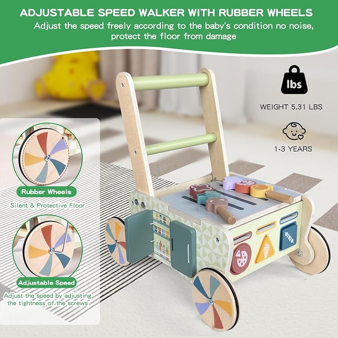 Baby Walker with Wheels Wooden Push Walker 12 Months+ Toddler Walking Toy Adjustable Speed Multiple Learning Sensory Activity Center Baby Learning to Walk Montessori Toys for 1 Year Old Girl/Boy Gift