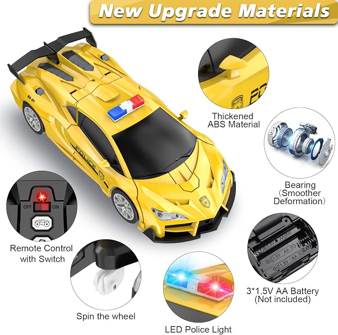 Remote Control Car with One Button Transformation, RC Cars Transforming into Robot Car, 2.4Ghz 360 Degree Rotation Police Car with Light, 1:18 Scale Transform Toys for Boys Girls Kids 4-7 8-12 6-8